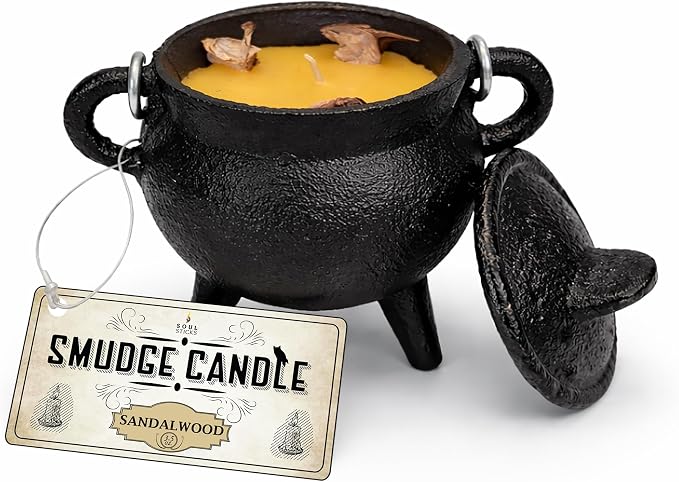 Reusable 4-Inch Cast Iron Cauldron Candle with Lid and Hanging Handle | Ritual & Aromatherapy Candle for Spell Casting, Smudging, Home Cleansing | Herb-Infused with Essential Oils (Sandalwood)
