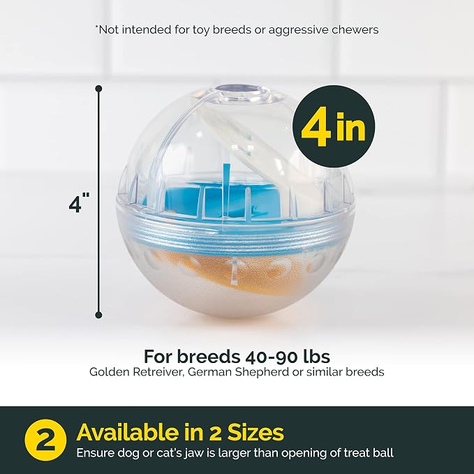 Pet Zone IQ Treat Ball, Interactive Dog Dispenser Toy, 4 Inch Slow Feeder | Mental stimulation for pups, fill with snacks to extend eating time and keep them busy, engaged and entertained at home daily