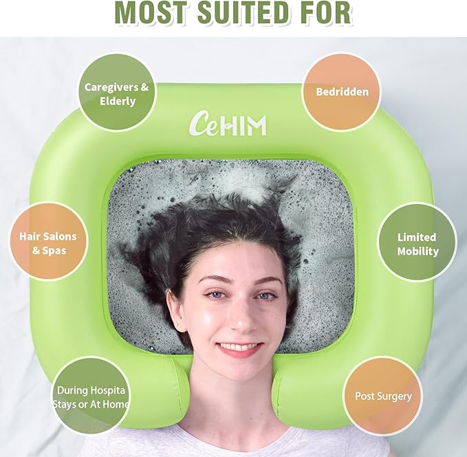 Inflatable Shampoo Basin - Portable Shampoo Bowl, Hair Washing Basin for Bedridden, Disabled,Injured, Hair Wash Tub for Dreadlocks and at Home Sink Washing (Green)