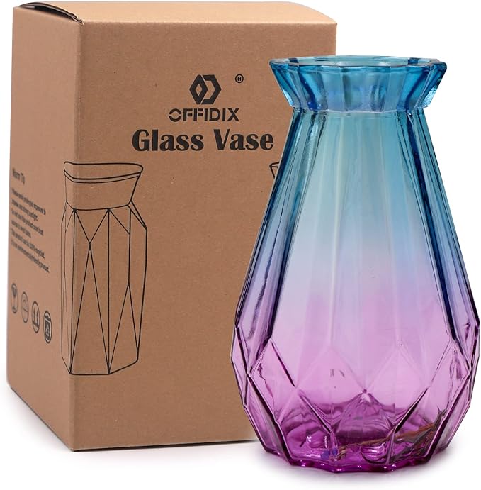 Glass Vase Gradient Multicolor with Geometric Faceted Design Flower Vase for Weddings, Events, Decorating, Arrangements, Flowers, Office, or Home Decor