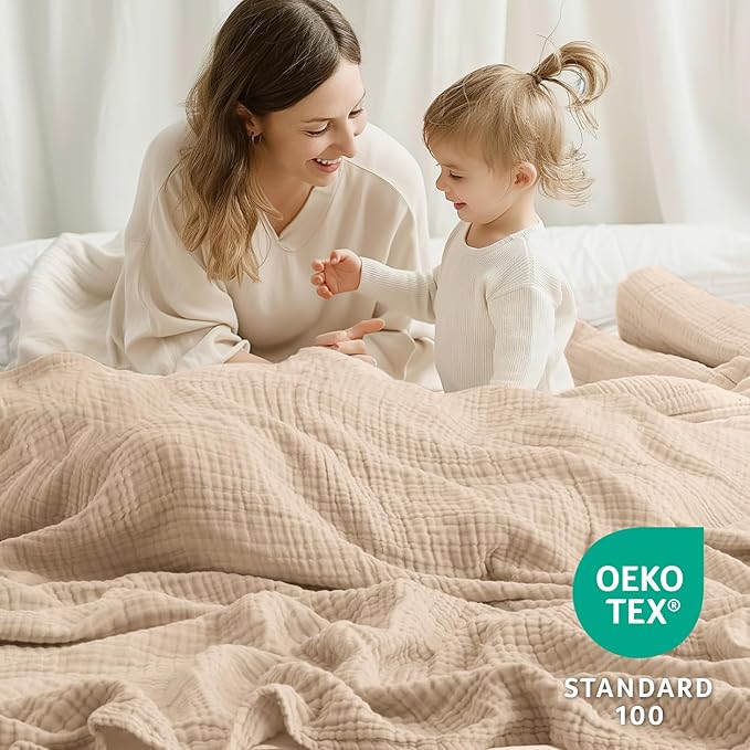 100% Cotton Muslin Blanket 40" x 40", Breathable and Lightweight Cotton Throw Blankets, Soft Cooling Summer Gauze Blanket for All Season, Beige