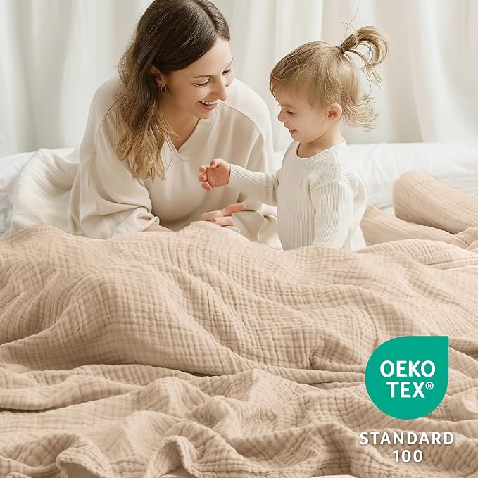 6 Layers Cotton Muslin Blankets Large, Lightweight Cotton Throw, Cooling Soft Throw Blanket for Year-Round Comfort, Breathable Quilt Bedspread, Gauze Weave Bedding for Adults, Oatmeal, Beige Linen