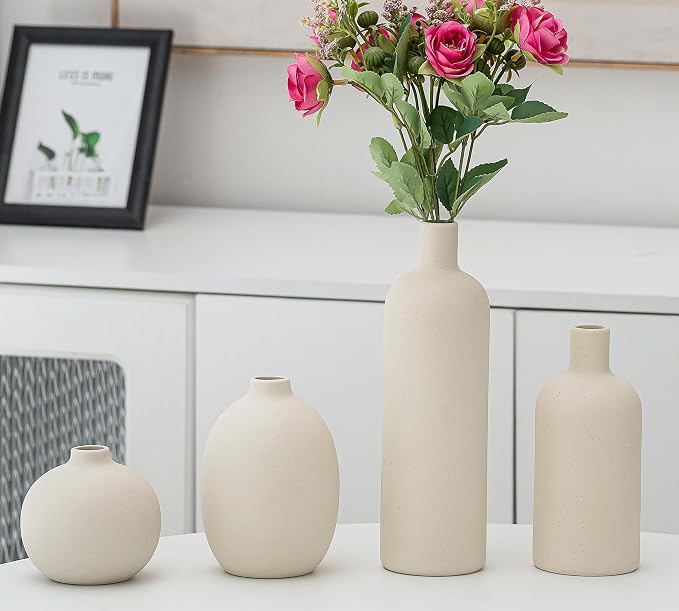 Ceramic Vase Set of 4, Classic Beige White Matte Vases Home Decorations for Table Shelf Office Centerpieces Decor
