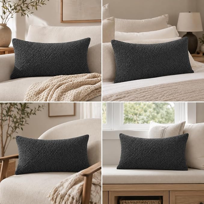 JoraLion 16x24 inch Boucle Lumbar Pillow Cover, Dark Grey Woven Texture Neutral Long Pillow Cover Breathable Cushion Case for Couch Sofa Bed Living Room Home Decor (Cover Only)