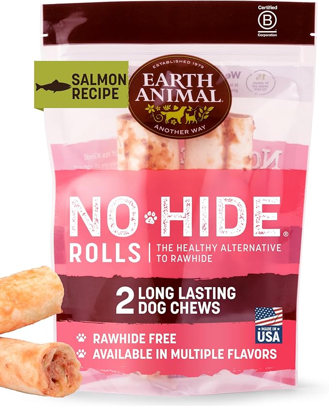 Earth Animal No Hide Dog Chews - Rawhide Free Medium Rolls 2 Count Salmon | Medium Salmon Flavored Natural Rawhide Free Long Lasting Dog Chews - Treats for Medium Dogs and Aggressive Chewers
