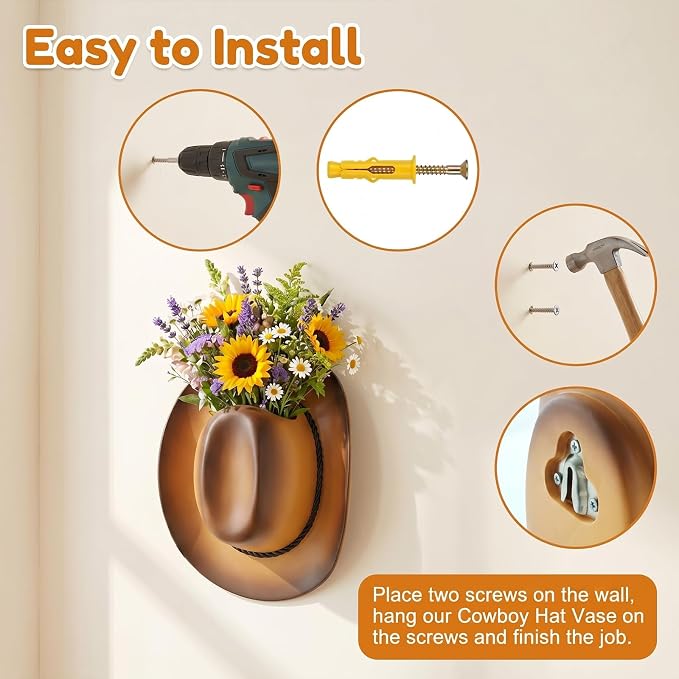 Hanging Wall Vase for Flowers Resin Cowboy Hat Vase Western Decor Gradient Brown