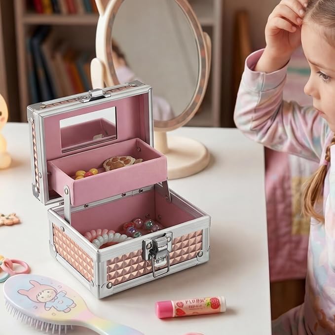 Hipiwe 2-Layer Jewelry Box with Mirror & Tray Aluminum Trinket Organizer | Hair Accessories Holder, Jewelry Storage Box for Necklace Earrings Rings Gift for Women, Rose Gold 4.7"x 3.7"x 3.1"