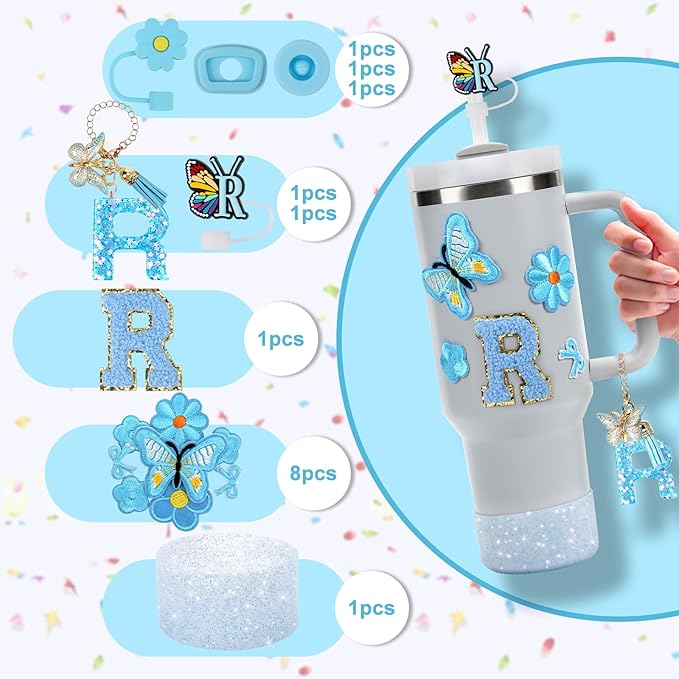 15PCS Cup Accessories Set for Stanley Cup 30oz 40oz Tumbler with Handle, Including Silicone Straw Cover and Boot, Spill Proof Stopper, Stanley Charms, Handle Charm, Initials Sticker