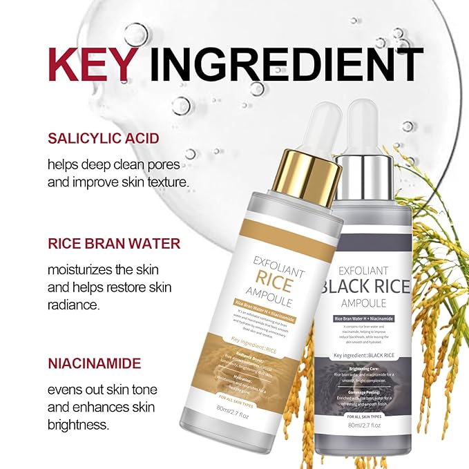 Black Rice Exfoliant,Peel Shot Glow Rice Ampoule Duo Set White and Black Rice Exfoliating facial mask .Reduce blackheads, shrink pores, suitable for all skin types, 2.7 Fl Oz (Pack of 2)