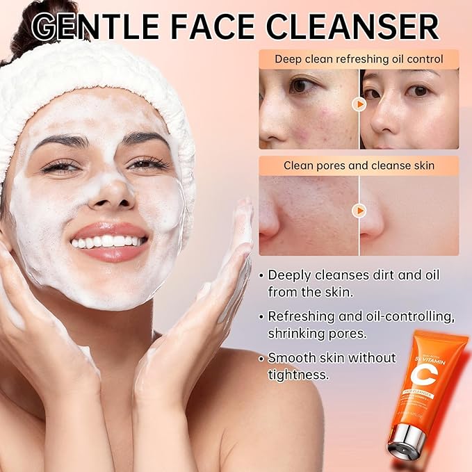 Vitamin C Skin Care Set - 4PCS Travel Skin Care Set With Facial Cleanser, Eye Cream, Serum & Face Cream - Korean Facial Skincare Set for Teen Girls and Women for Moisturizing, Anti-Aging, Anti-Wrinkle