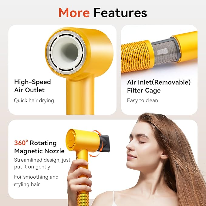 Ionic Hair Dryer, 300M Negative Ions 110,000 RPM High-Speed Brushless Blow Dryer for Frizz-Free Shine, Fast Drying Intelligent Thermo-Control, Lightweight Quiet Dryer with Magnetic Nozzle