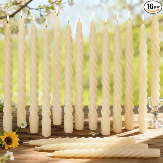 16PCS 10-Inch Pure Beeswax Spiral Taper Candles, Twisted Stick Candles, Dripless & Unscented for Weddings, Christmas, Dinner, Meditation - White