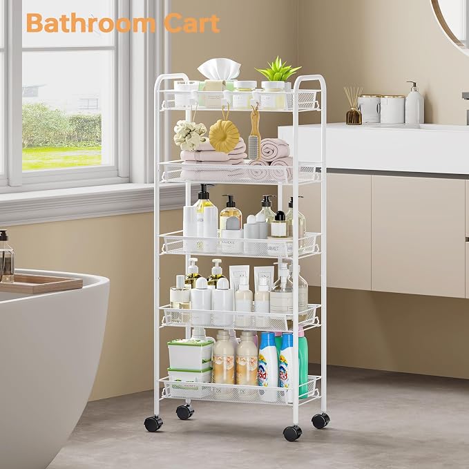 TOOLF 5 Tier Rolling Cart, Metal Utility Storage Cart with Wheels, White | 3 Hooks, Screwless Assembly, Trolley Organizer for Bathroom, Kitchen, Office, Nursery, Dorm, Laundry Room