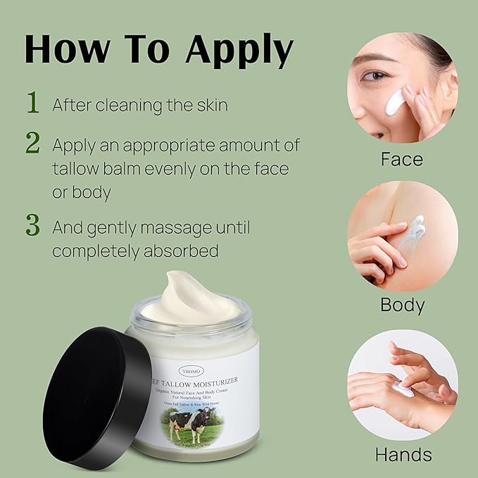 YBHMO Beef Tallow Moisturizer,Beef Tallow for Skin,Organic Grass Fed Beef Tallow with Raw Honey Moisturizing Cream, Whole Body & Face Moisturizer（4oz）