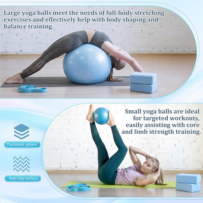 Pilates Set with 2 Yoga Exercise Balls (25.6”&9.8”), Yoga Block, Stretch Strap & Foot Pump, Stability Fitness Ball Kit for Home Gym Equipment Workout Pregnancy Physical Therapy