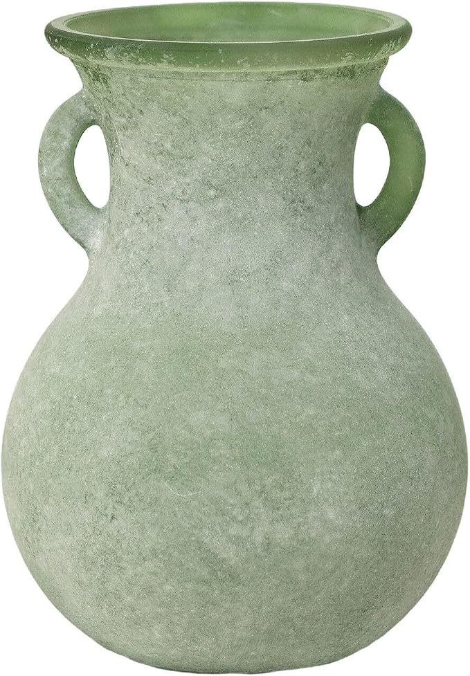Green Glass Vase with Handles, 7.5 Inch Rustic pottery Style Flower Vase, Vintage Decorative Round Bud Jar for Dried Flowers, Earthy Aesthetic Centerpiece for Modern Farmhouse & Boho Spring Home Decor