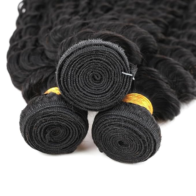 Human Hair Bundles Brazilian Deep Wave Human Hair 3 Bundles Weaves 20 22 24inch 100% Unprocessed Virgin Human Hair Curly Water Wave Wet and Wavy Weave Raw Bundles Deals Natural Black