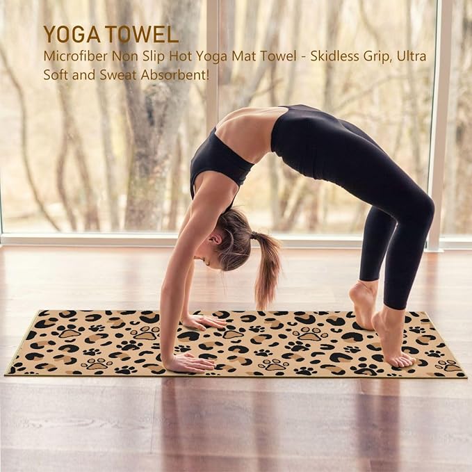 Non Slip Yoga Towel 73 x 27 in Leopard Paw Print Sweat Absorbent Yoga Mat Towel for Hot Yoga, Pilates and Workout