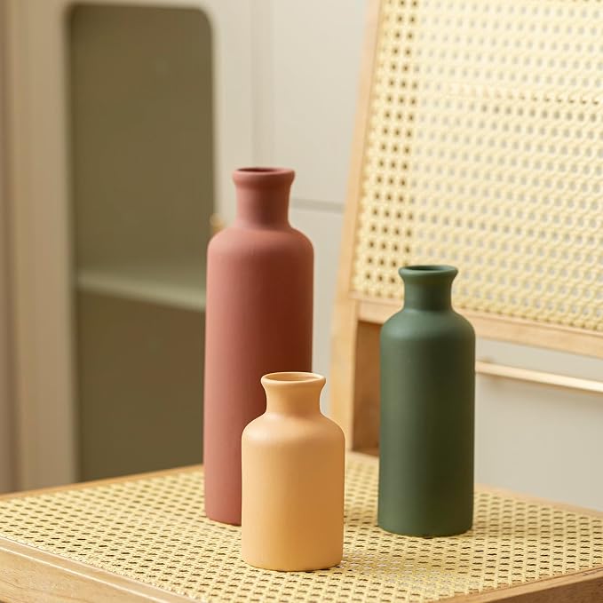 Modern Ceramic Vase Set of 3, Neutral Colors, Decorative Bottles for Home, Farmhouse Rustic Decor, Housewarming Gifts, Wedding Gifts, Bridal Shower Gifts, Birthday Gifts for Women (Green Mix)