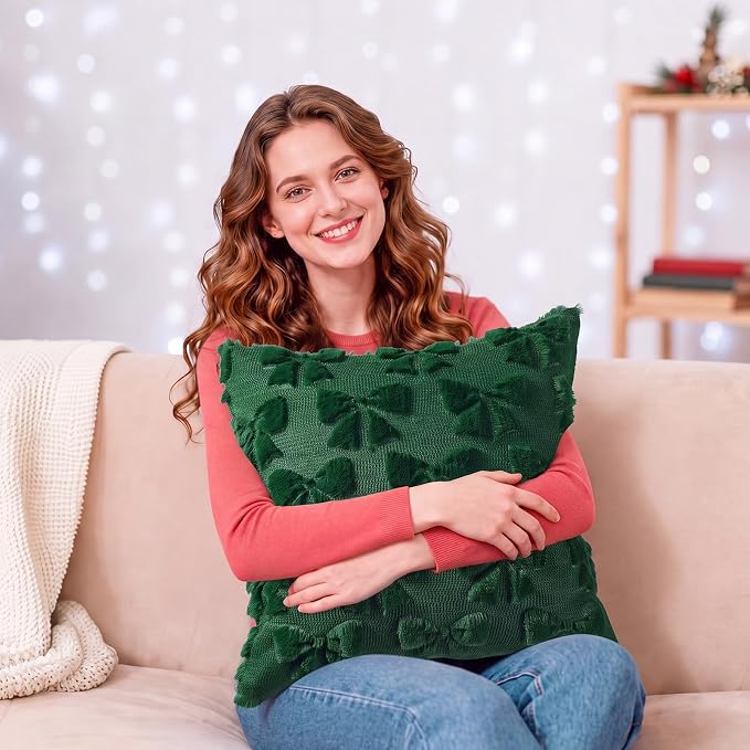 Mixweer Green Bow Pillow Covers Set of 2 Preppy Room Decor Coquette Cute Spring Summer Decorative Faux Fur Soft Bowknot Stuff Fluffy Plush Aesthetic Pillowcase for Bed Sofa Couch (20 x 20 Inch)
