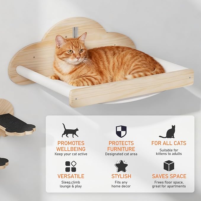 XiaZ Cat Wall Hammock Mounted Bed with 4 Climbing Steps, Modern Cats Shelves and Perches up to 30lbs, Wooden Kitten Wall Furniture for Indoor Sleeping, Playing, Climbing and Lounging (Hammock)