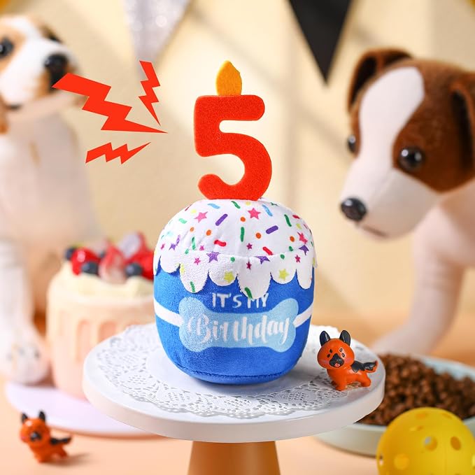 Dansydaisy Dog Birthday Cake Toy Squeaky Plush Gift,5th,Blue