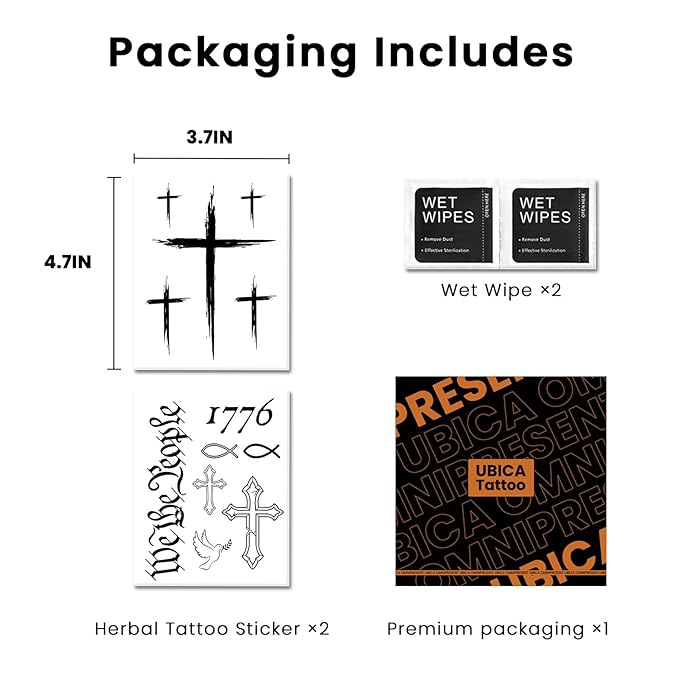 Semi Permanent Tattoo, 2 Sheets Cross Tattoos for Men, Lasts 7-15 Days, Develops Fully in 48H, Realistic, Waterproof and Non-Reflective, Cool Design