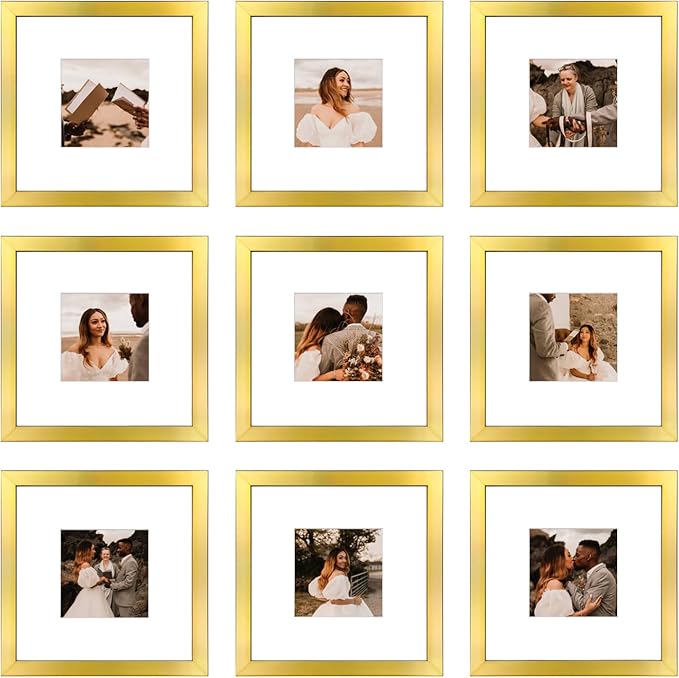 8x8 Picture Frame Set of 9, Display Pictures 4x4 with Mat or 8x8 without Mat, Multi Collage Gallery Square Photo Frames for Wall or Tabletop, Gold
