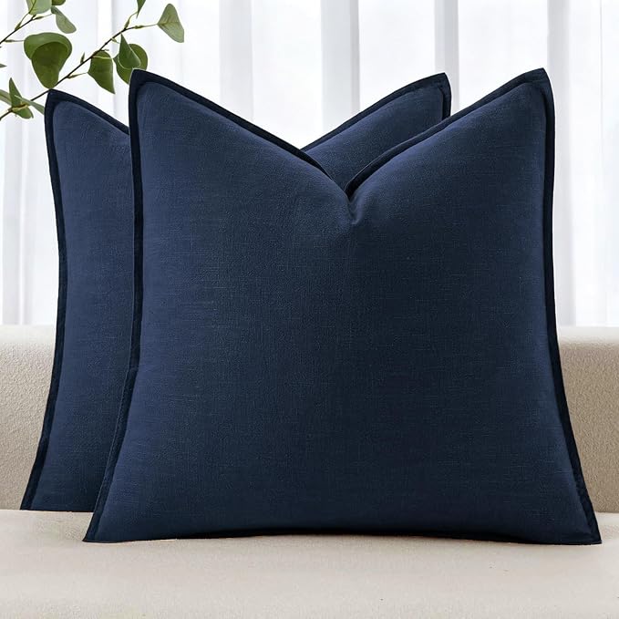 MIULEE Decorative Linen Pillow Covers 22x22 Inch Navy Blue | Boho Farmhouse Neutral Couch Throw Pillows for Bed, Pack of 2 Accent Coastal Modern Pillowcases, Sofa Livingroom Home Decor