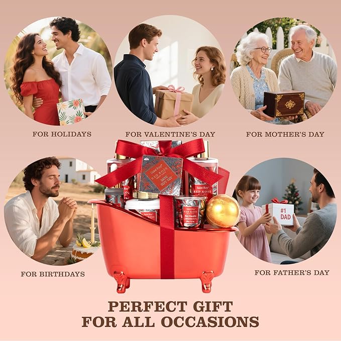 Mother gifts Spa Gift Set For Women, Birthday Gifts for Her, Spa Gift Basket for Women, Red Rose Bath and Body in Floral Scents Bath Kits, Home Spa Gift Basket, Bath Spa Kit for Mothers day Lotion