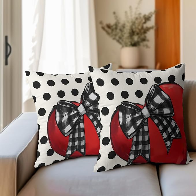 Kawani Valentines Throw Pillow Covers Set of 2, 22x22 Inch Polka Dots Red Love Heart Romantic Decorative Cotton Linen Couple Pillowcases for Couch Sofa Bedroom Livingroom Wedding Decor