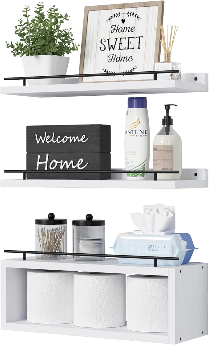 Floating Shelves for Wall with Cube Shelf, Wall Shelves with Metal Rail for Decor, Bathroom Organizers and Storage, Over Toilet Shelves for Bathroom, Toilet Paper-White
