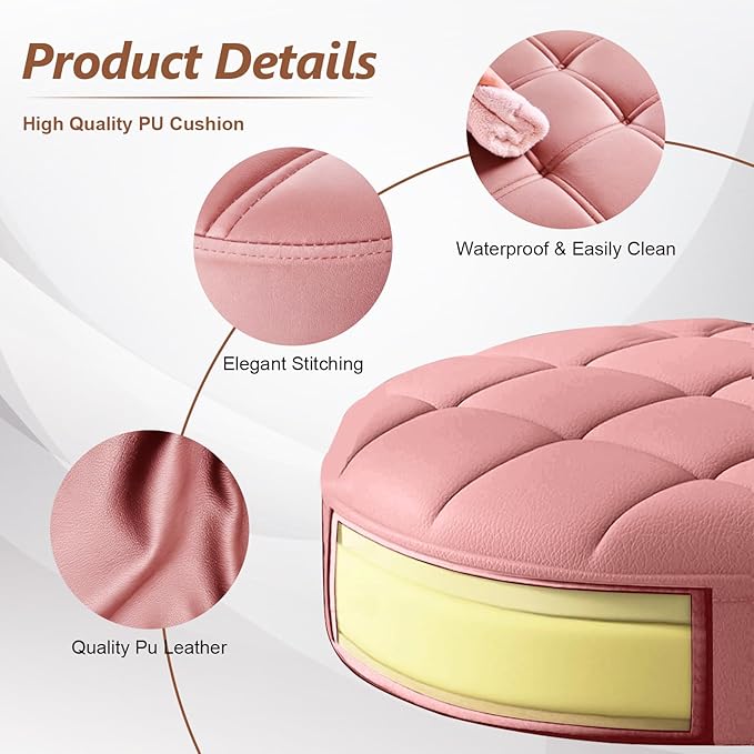 Small Rolling Stool with Wheels, PU Leather Height Adjustable Vanity Work Task Stool, 360 Swivel, Padded Seat Cushion, for Salon, Home, Office