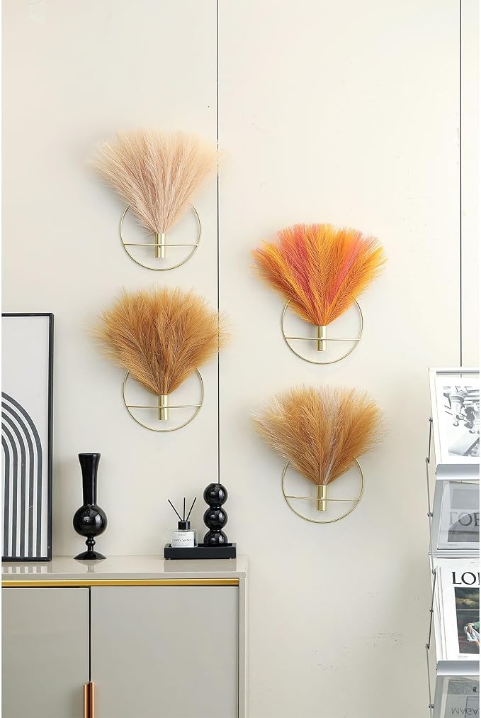 Pretty Jolly Boho Pampas Wall Decor Black Metal Wall-Mounted Art | Morden Artificial Greenery Display，2 Pack Hanging Planter For Living Room, Bedroom, Bathroom, Dining room