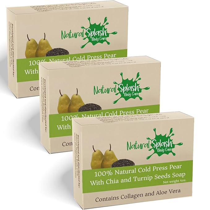 Natural Handmade Cold Press Bar Soap – Pear with Chia and Turnip Seeds - Aloe Vera and Vegetable Collagen – Soft exfoliating Formula - 3 Pack