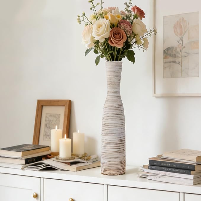 ALMA Tall Skinny Floor Vase, 20" White & Brown Modern Vases for Flower | Thin Decorative Vases, Seasonal Home Refresh, Fits Living Room, Entryway, Fireplace, Home Decor, Weddings and New Home gifts