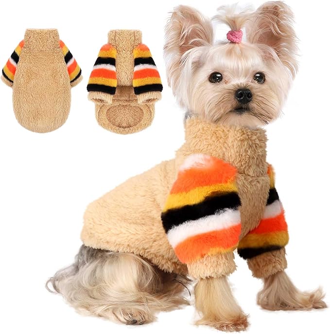 YIKEYO Dog Sweaters for Small Dogs, Chihuahua Fleece Clothes, Small Clothes Winter Warm Puppy Sweaters Boys Girls, Rainbow Sleeve Sweater,Tiny Dog Outfits for Teacup Yorkie(Khaki, Medium)