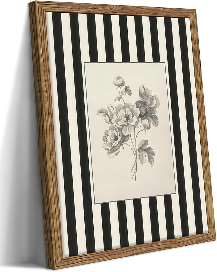 Framed Vintage Floral Wall Art, Black and White Stripes Flower Canvas Wall Decor Paintings, Minimalist Botanical Artwork Print Picture for Living Room Bedroom Bathroom 16x24 Inch