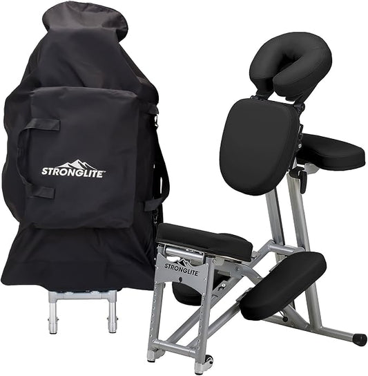 STRONGLITE Portable Massage Chair Ergo Pro II - Ultra-Strong, Lightweight, Foldable Tattoo Spa Chair with Wheels & Carry Case (600lbs Working Weight), Black