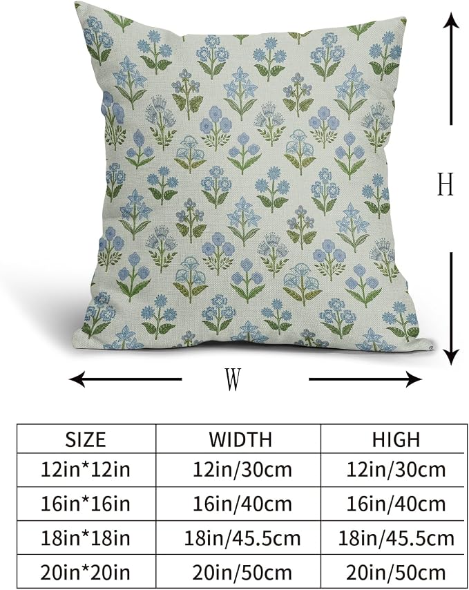 Blue Green Block Print Pillow Covers 24x24 Inch Set of 2, Vintage Floral Spring Decorative Throw Pillow Cases Boho Cushion Covers Rustic Decoration Gift Farmhouse Sofa Couch Bed Decor