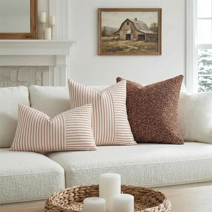 Christmas Euro Sham Pillow Covers 24x24, Modern Throw Pillow Covers Set of 2, Red and Beige Striped Patchwork Linen Decorative Pillows Cushion Covers for Bed Sofa Living Room Christmas Decorations