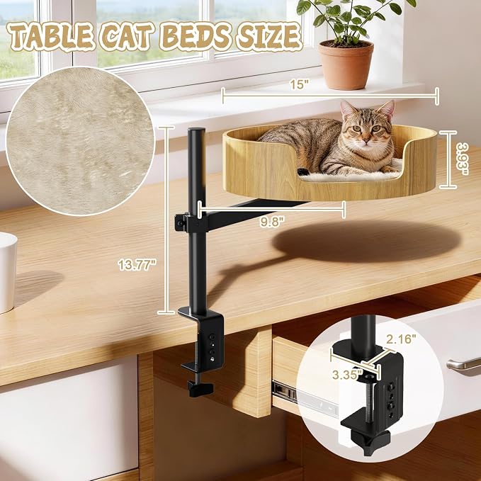 Spacocld Cat Desk Bed,Cat Bed for Desk 360° Rotating & Adjustable, Heavy-Duty Metal Cat Desk Hammock with Secure Clamp, Space-Saving Desk Cat Bed for Office Desk & Gaming Table,Detachable.