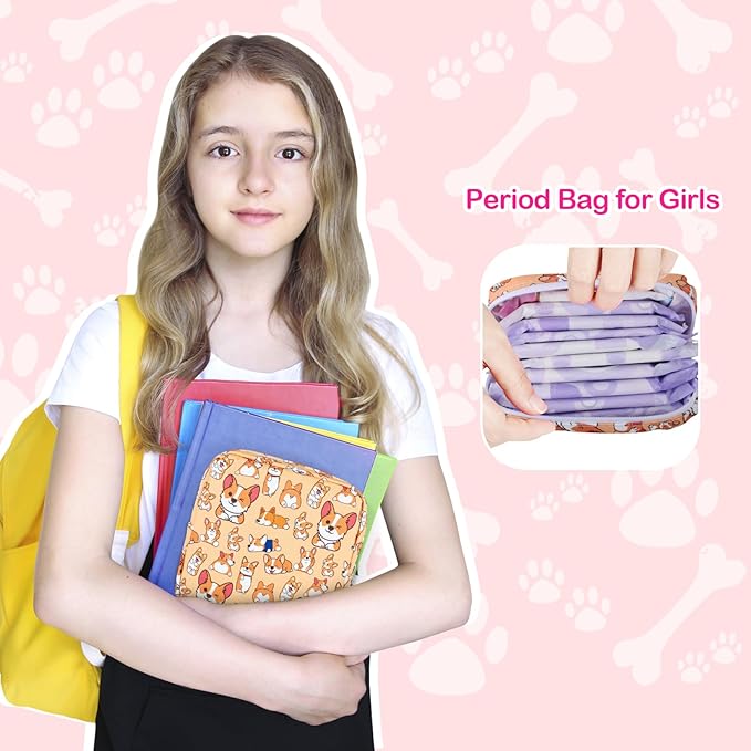 Likesing Period Bag Pouch, Canvas Sanitary Napkin Storage Bag for Girls Womens, Portable Sanitary Napkin Period Pad Pouch for Purse, Small Make Up Bags(Blue Cat N0461)