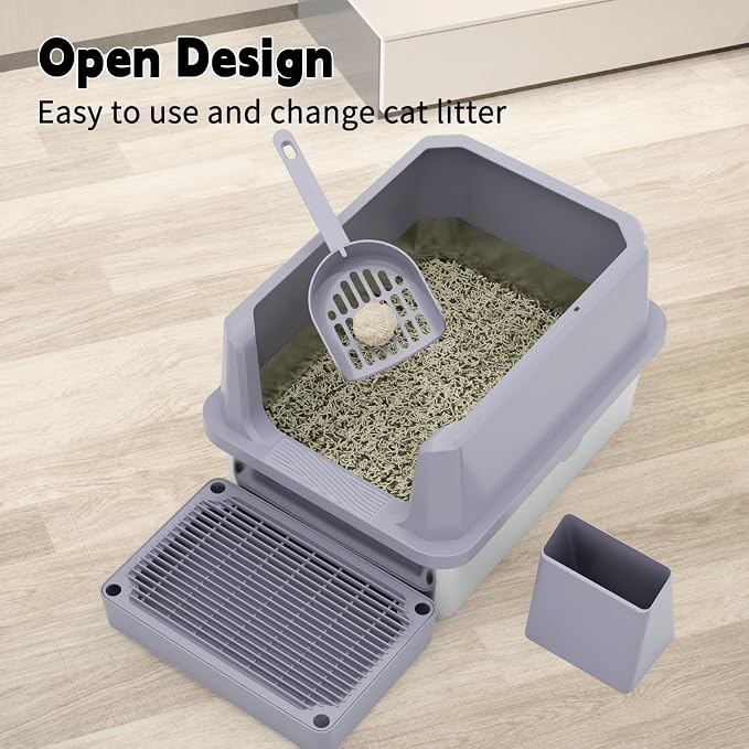 RIZZARI Cat Litter Box Non-Porous: Open High Sides for Indoor Cats | Open-Top Airflow / High Anti-Spill Edges / Wavy Mat Anti-Tracking / Spacious for All Breeds / Easy Visibility for Quick Clean