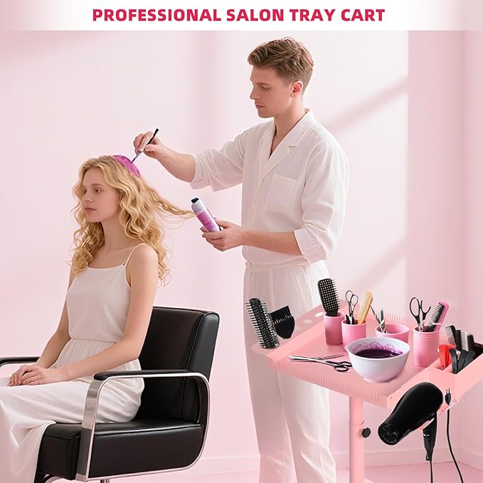 Extension Salon Tray Hair Extension Cart Tray Pink Multi-Function Extensions Rolling Tray with Blow Dryer Holder and Storage Platform