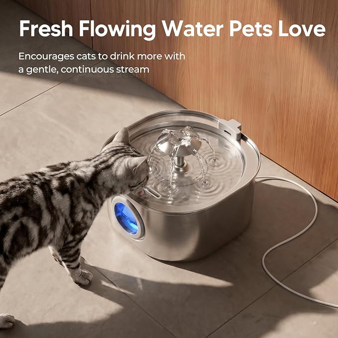 PEKTACO Cat Water Fountain, 3.2L Stainless Steel Pet Fountain, 6 Filters | 108oz capacity, LED water level window, ultra-quiet pump, dishwasher-safe tray, BPA-free, for cats and small dogs