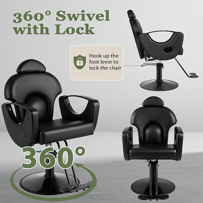 All Black Salon Chair Reclining Hair Chair for Hair Stylist, Heavy Duty Hydraulic Pump Barber Chairs, 360 Swivel Styling Chairs for Home Barbershop Beauty Spa Equipment