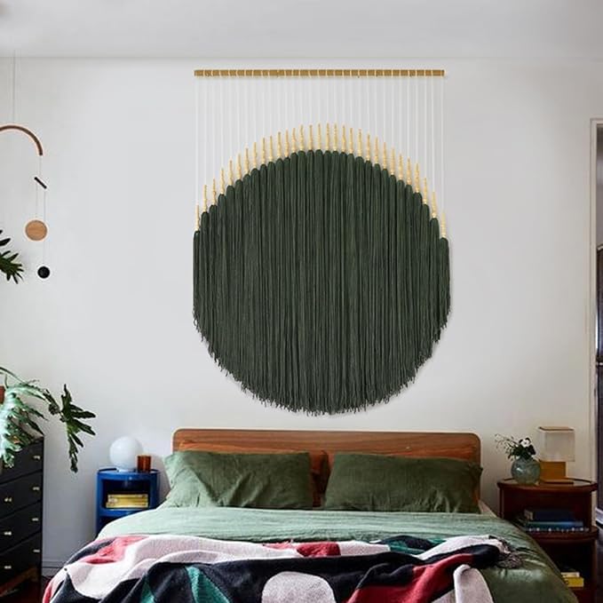 Large Macrame Wall Hanging Green Boho Decor Yarn Fiber Art 39"W*55"L | Handmade Wall Hanging, Lightweight Wall Decor, Entryway Decoration, Geometric Wall Art, Modern Home Style, Boho Accent