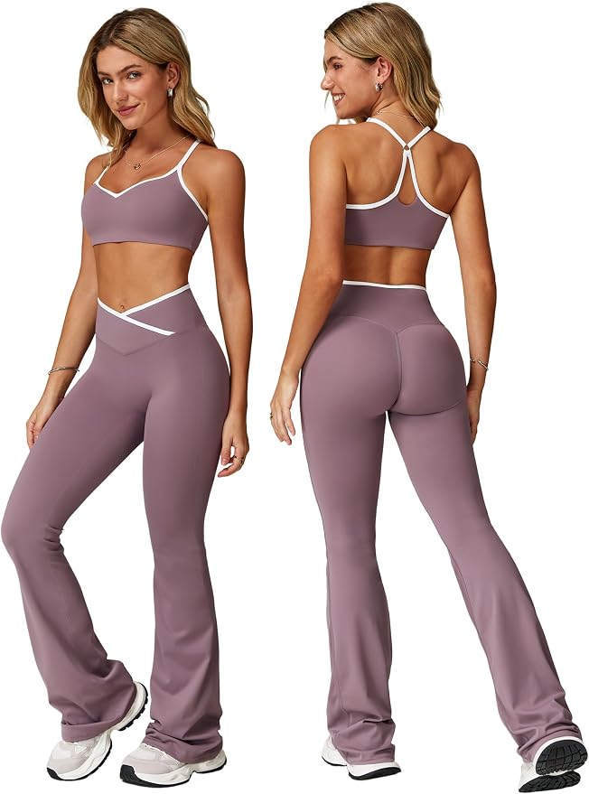ABOCIW Workout Sets for Women 2 Piece Color Block Strappy Sports Bra High Waist Shorts Gym Yoga Pilates Outfits
