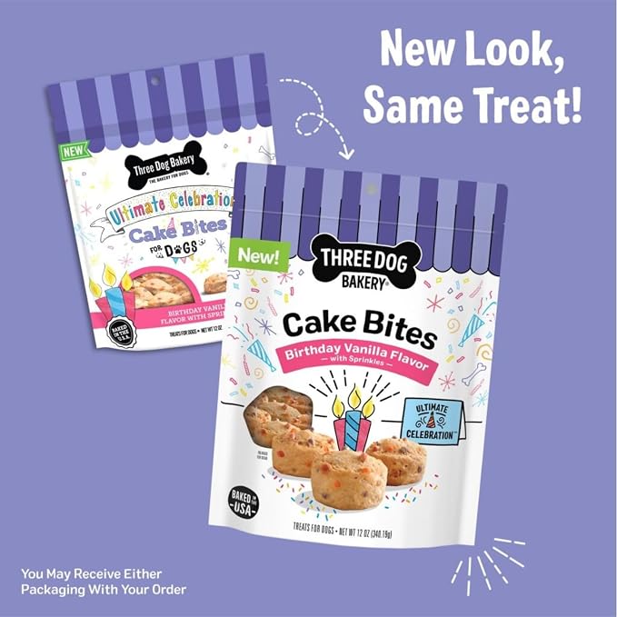 Three Dog Bakery Ultimate Celebration Cake Bites for Dogs - 12 oz Bag | Soft Baked Dog Treats - Birthday Vanilla Flavor with Sprinkles